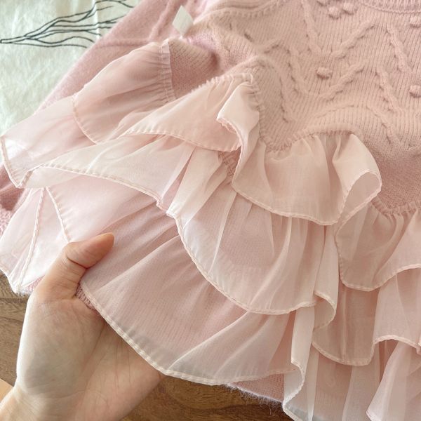 女童蕾絲拼接 針織長袖群衣 長袖毛衣上衣 