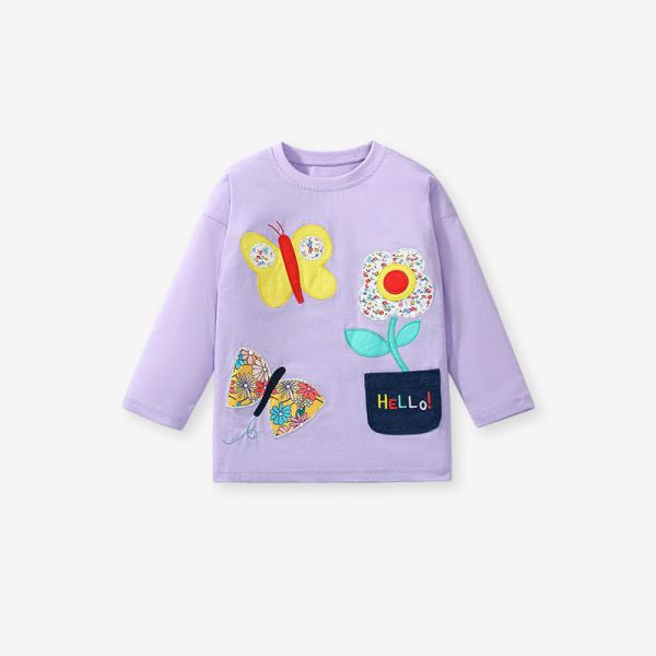 【現貨】女童花朵貼布 蝴蝶貼布 長袖上衣 