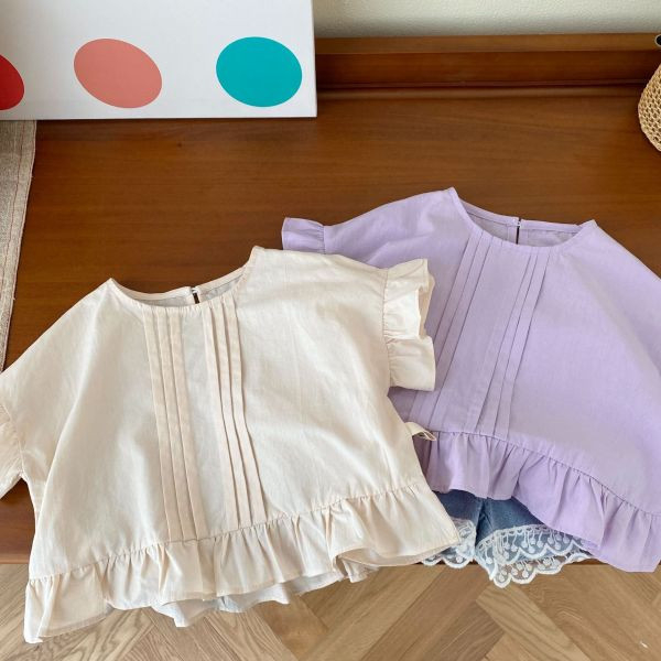 【現貨】女童 簡約風 短袖上衣 荷葉邊 百摺上衣 