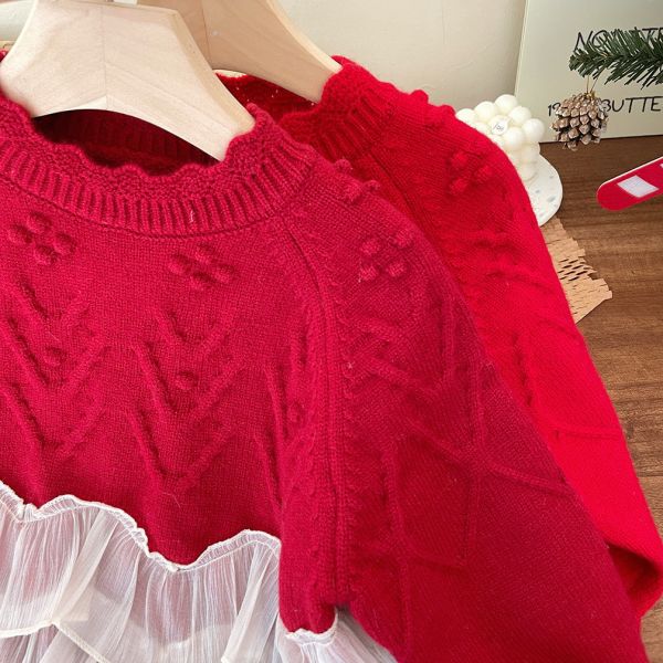 女童蕾絲拼接 針織長袖群衣 長袖毛衣上衣 