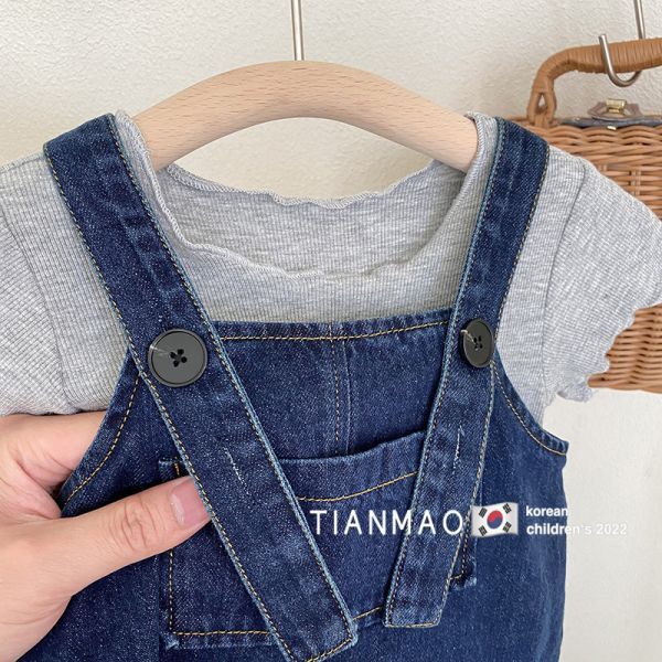 【現貨】女童夏季短袖套裝 短袖上衣+牛仔吊帶背心裙 