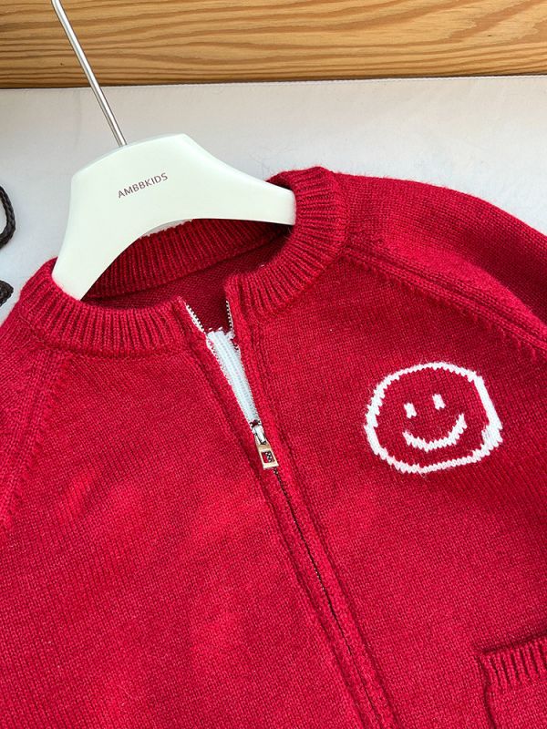 【現貨】女童笑臉刺繡 針織毛衣外套 拉鍊外套 