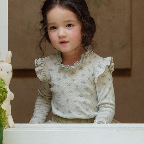 女童木耳邊 韓版 碎花復古風內搭上衣 