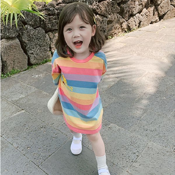 【現貨】女童條紋撞色 可愛笑臉短袖連身裙 長版上衣 裙衣 