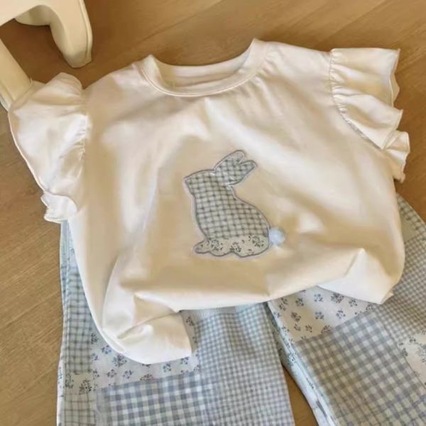 【現貨】女童短袖套裝 可愛兔子上衣+格子褲子 