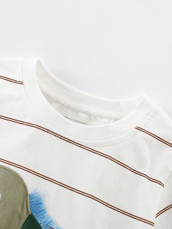 【現貨】男童條紋 變色龍貼布 短袖上衣 短T 