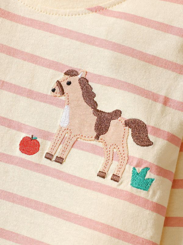 【現貨】女童長袖套裝 條紋小馬刺繡上衣+滑板長褲 