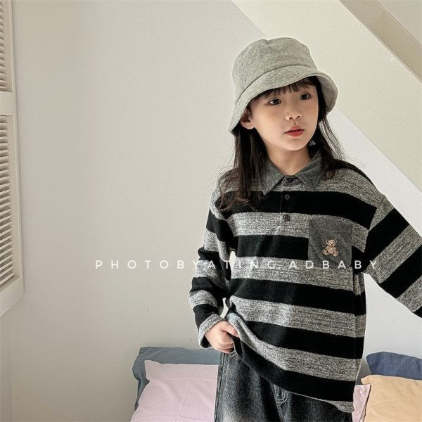 【現貨】男童女童 翻領長袖上衣 刺繡條紋上衣 