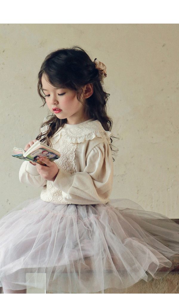 女童浪漫韓版蕾絲拼接 翻領長袖上衣