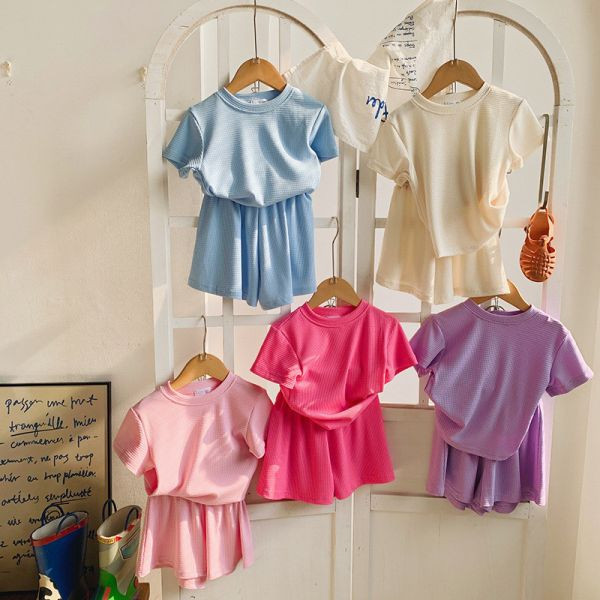 【現貨】女童 舒適短袖套裝 華夫格 短袖上衣+短褲 