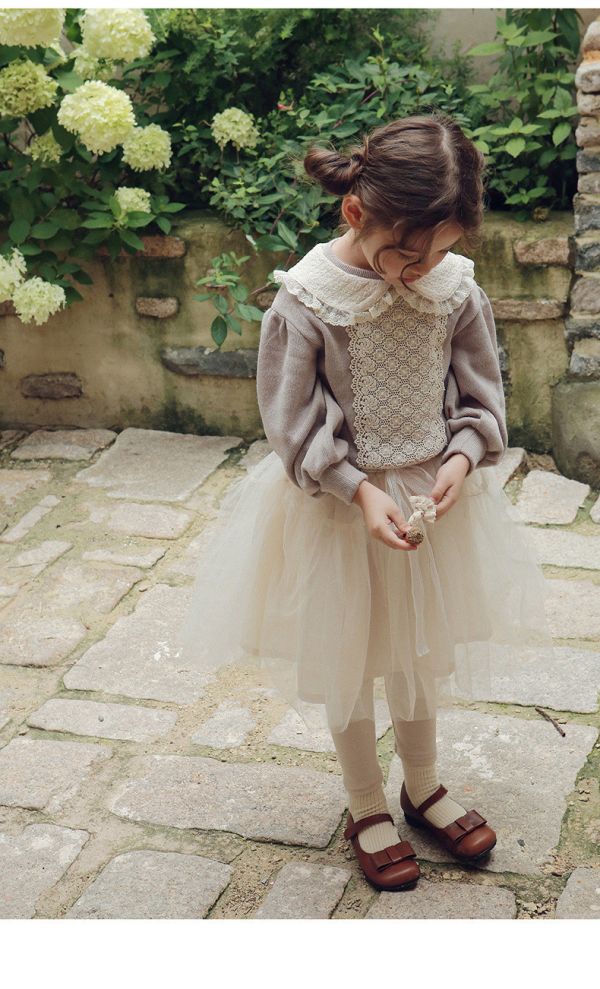 女童浪漫韓版蕾絲拼接 翻領長袖上衣