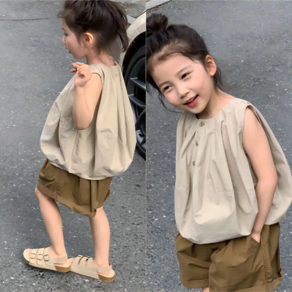【現貨】女童南瓜套裝 無袖上衣+泡泡短褲 