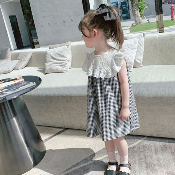 【現貨】女童浪漫蕾絲拼接 格子裙 短袖洋裝 背心裙 
