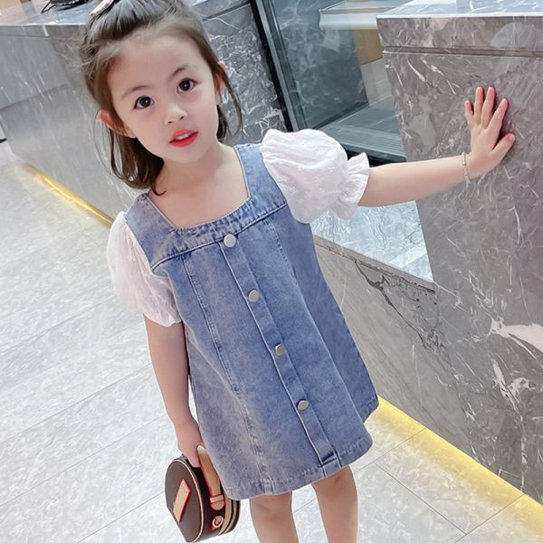 【現貨】女童牛仔拼接 短袖連身裙 牛仔裙 洋裝 