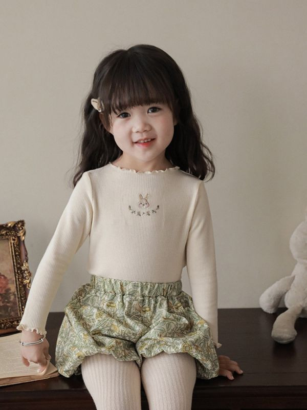 【現貨】女童甜美兔子刺繡 長袖木耳邊內搭上衣 