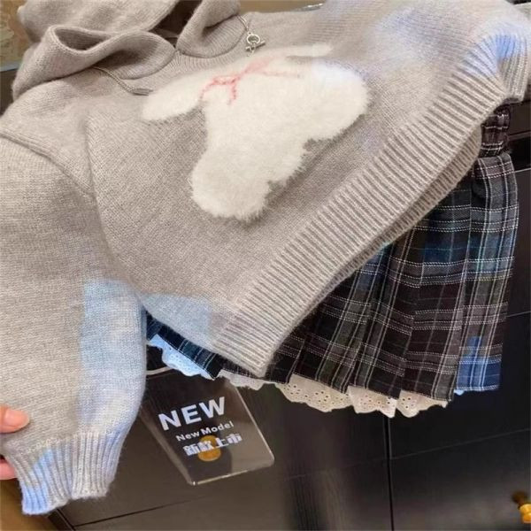 【現貨】女童連帽針織長袖上衣 狗狗圖案 半身格子短裙 