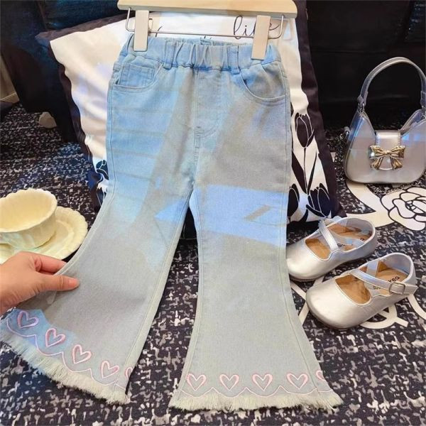 【現貨】女童愛心刺繡 牛仔長褲 喇叭長褲 