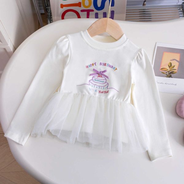 女童長袖網紗拼接上衣 蛋糕印花