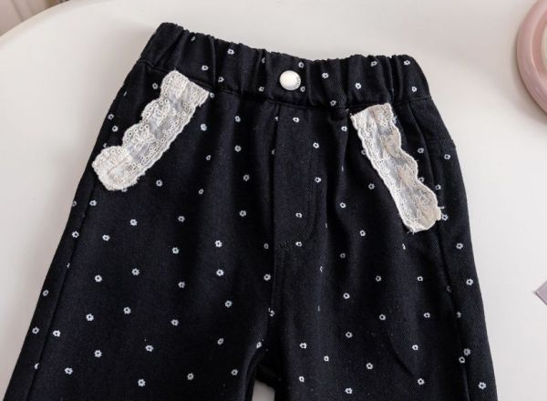【現貨】女童點點休閒長褲 蕾絲拼接 長褲 