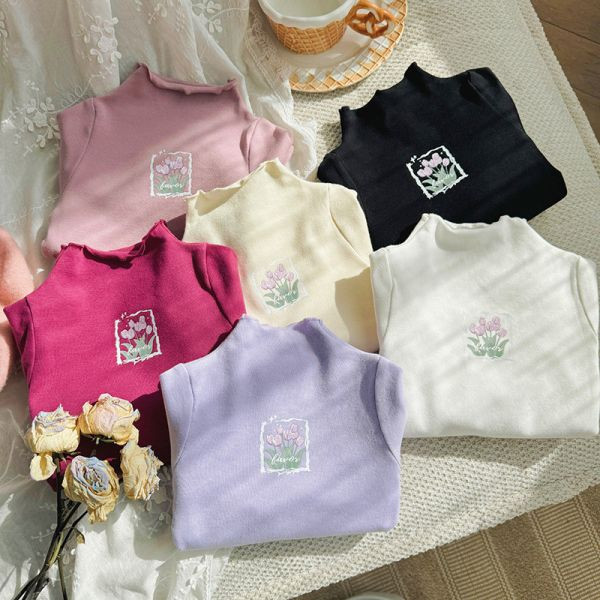 【現貨】女童印花朵 木耳邊內搭上衣 
