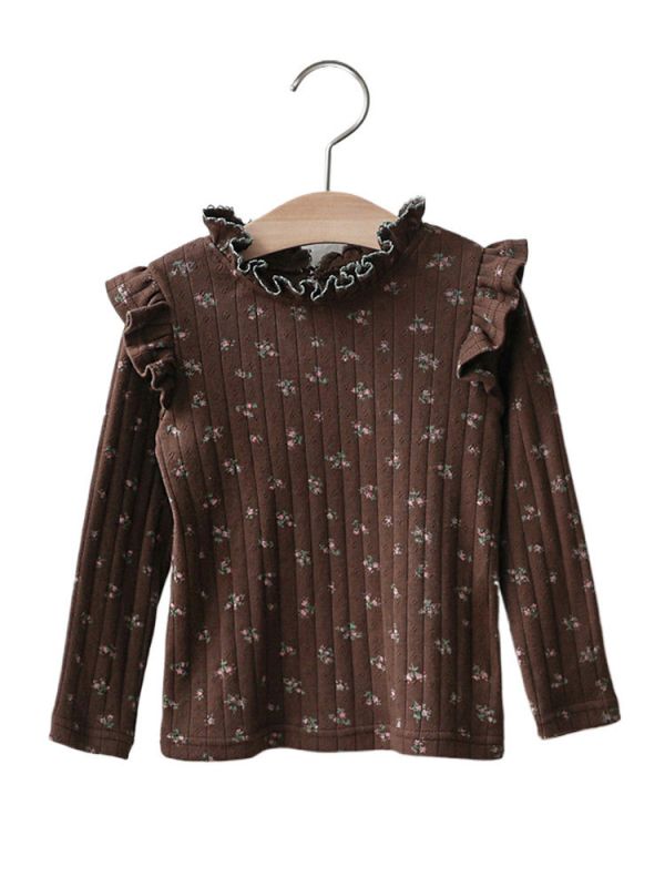 女童木耳邊 韓版 碎花復古風內搭上衣 