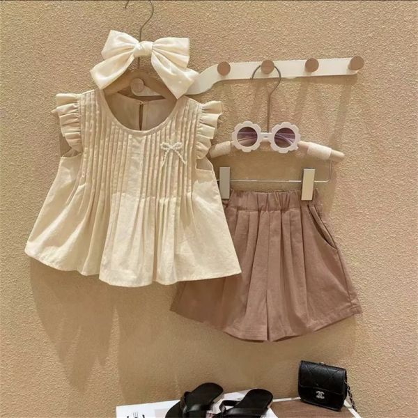 【現貨】親子裝 女童荷葉百褶上衣+休閒短褲 母女裝 短袖套裝 