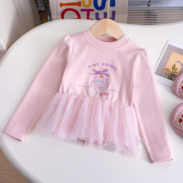 女童長袖網紗拼接上衣 蛋糕印花