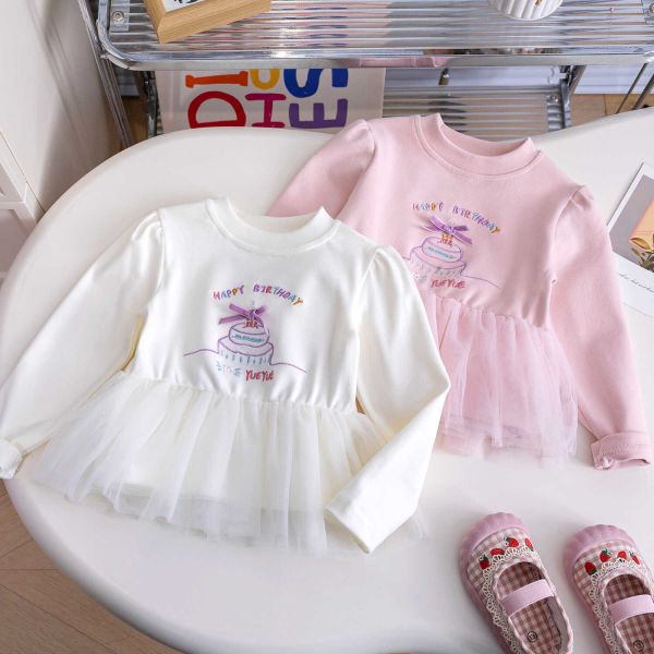 女童長袖網紗拼接上衣 蛋糕印花