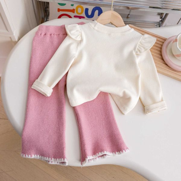 女童長袖套裝 蛋糕印花長袖+喇叭長褲 