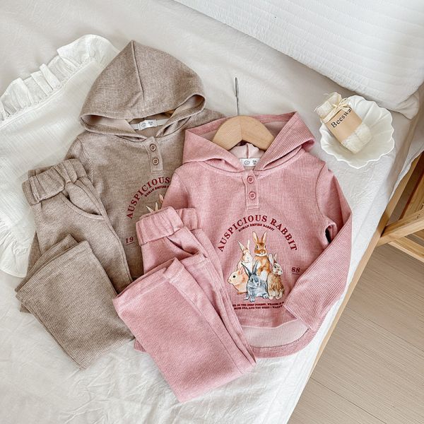 女童可愛兔子套裝 連帽長袖上衣+長褲 