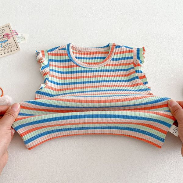 【現貨】女童條紋彩色背心上衣 熊熊刺繡吊帶裙 