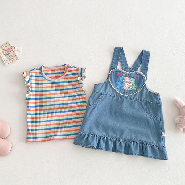 【現貨】女童條紋彩色背心上衣 熊熊刺繡吊帶裙 