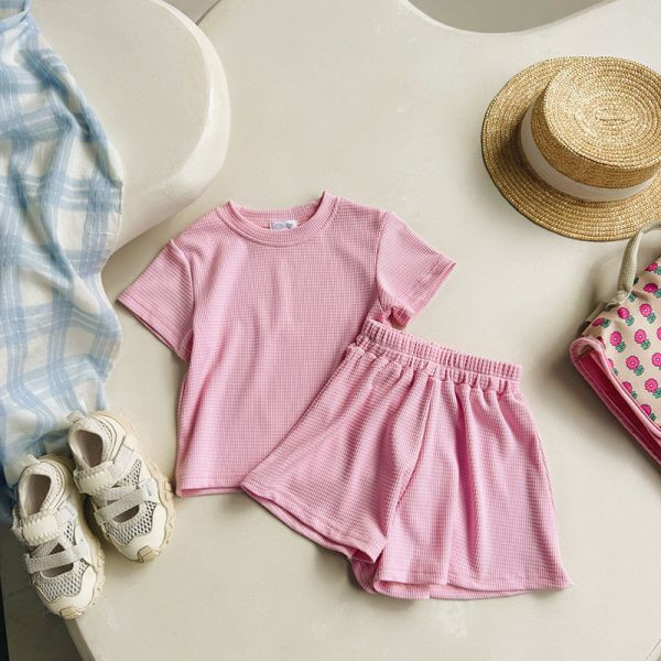 【現貨】女童 舒適短袖套裝 華夫格 短袖上衣+短褲 