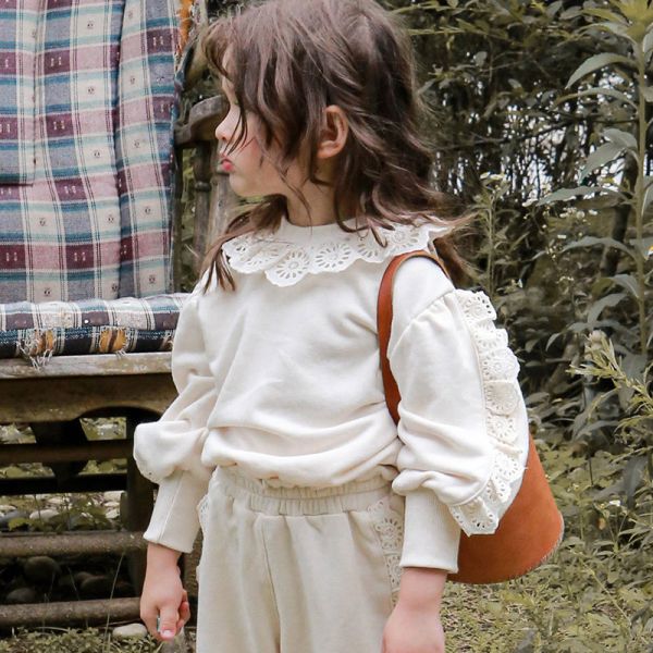 女童泡泡袖 蕾絲拼接 長袖上衣