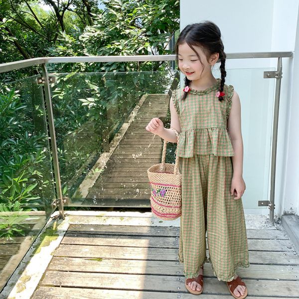 【現貨】女童格子套裝 背心上衣+休閒長褲 