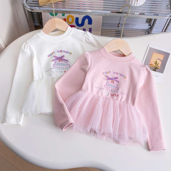 女童長袖網紗拼接上衣 蛋糕印花