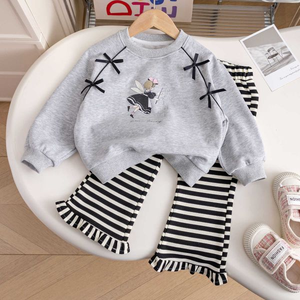 女童長袖套裝 長袖上衣+條紋長褲