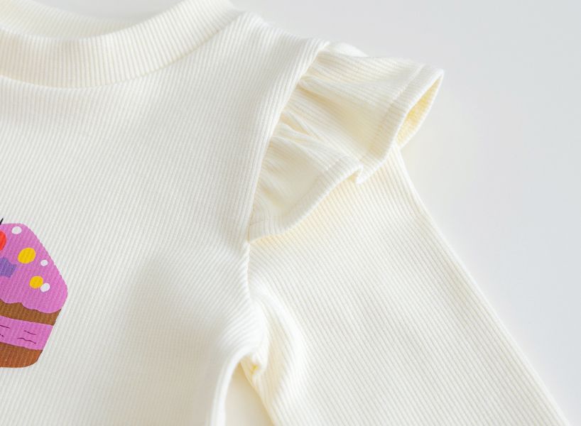 女童長袖套裝 蛋糕印花長袖+喇叭長褲 