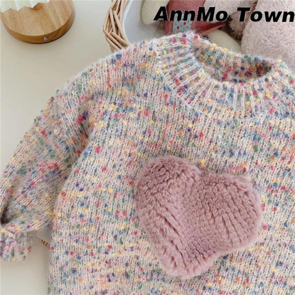 女童彩色毛衣 針織長袖上衣 愛心圖案