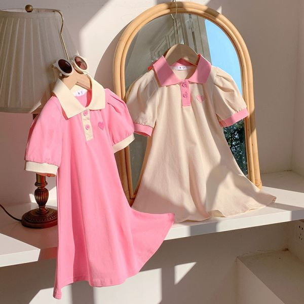 【現貨】女童翻領 短袖洋裝 愛心刺繡連身裙 