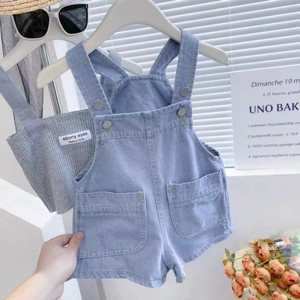 【現貨】女童牛仔吊帶褲兩件套 背心上衣 吊帶上衣 吊帶褲 