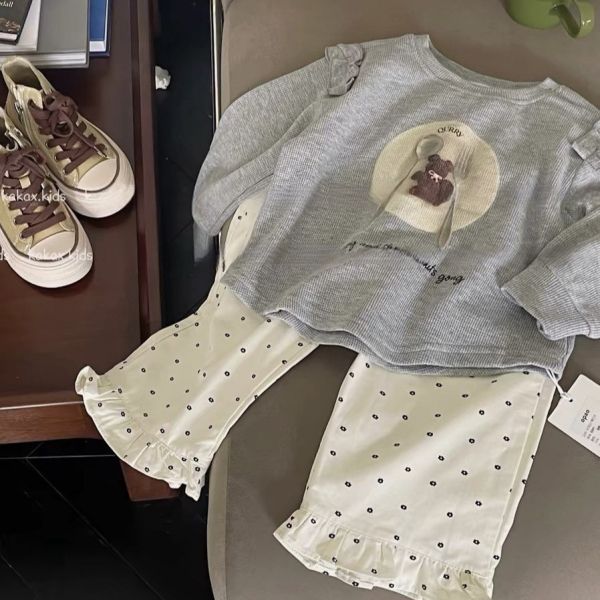 女童長袖套裝 熊熊長袖上衣+點點休閒長褲 