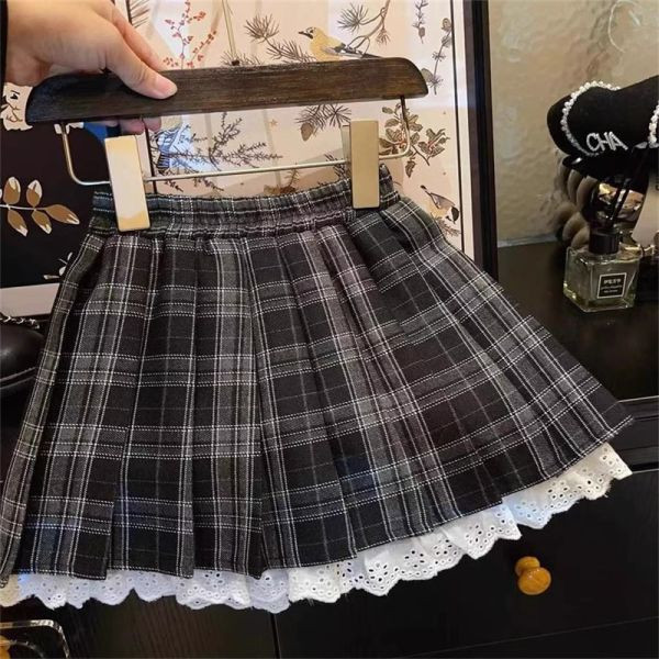 【現貨】女童連帽針織長袖上衣 狗狗圖案 半身格子短裙 