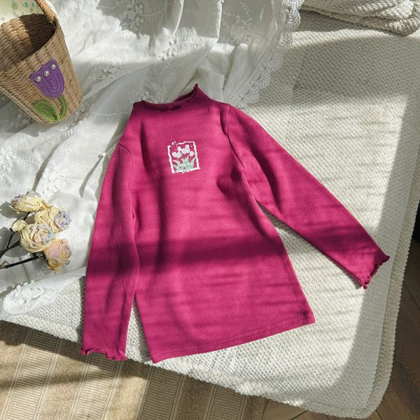【現貨】女童印花朵 木耳邊內搭上衣 