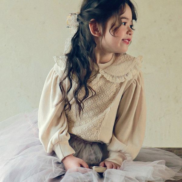 女童浪漫韓版蕾絲拼接 翻領長袖上衣