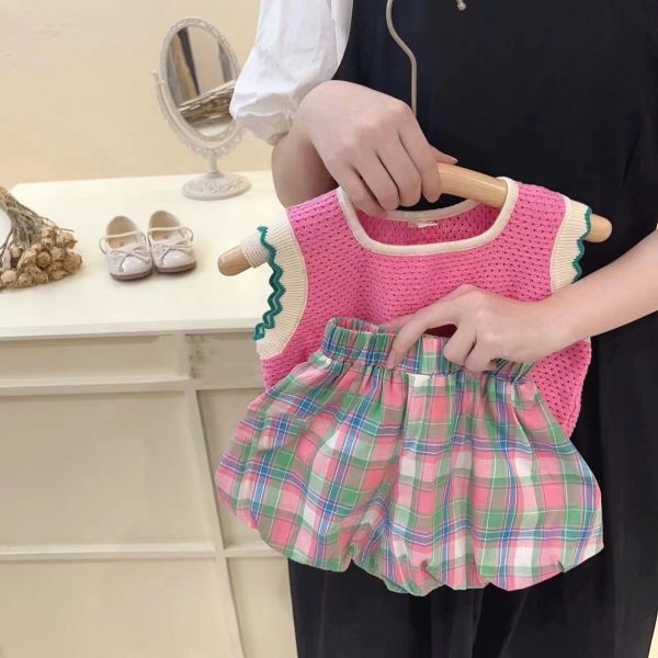【現貨】女童兩件套裝 背心上衣+格子短褲 