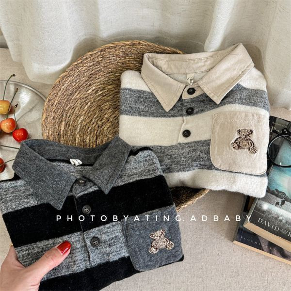 【現貨】男童女童 翻領長袖上衣 刺繡條紋上衣 
