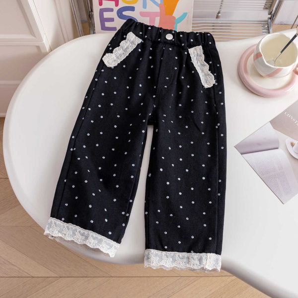 女童點點休閒長褲 蕾絲拼接 長褲