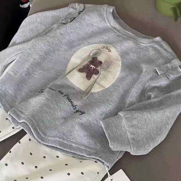 女童長袖套裝 熊熊長袖上衣+點點休閒長褲 