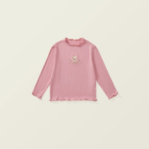 【現貨】女童甜美兔子刺繡 長袖木耳邊內搭上衣 